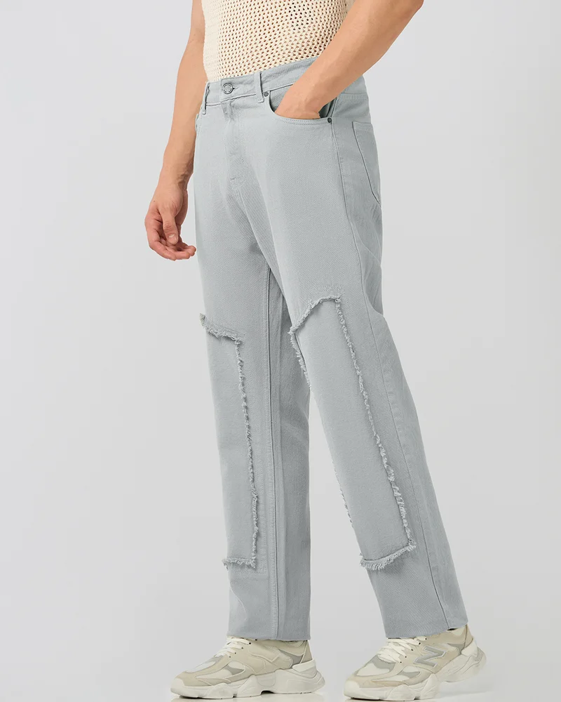 bewakoof Men's Powder Grey Applique Straight Fit Jeans